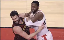  ?? STEVE RUSSELL TORONTO STAR ?? Tangling up an offensive player, like Toronto guard C.J. Miles does to Cleveland centre Kevin Love in this scene from last season’s playoffs, is a whole lot harder now, thanks to an NBA-wide crackdown.
