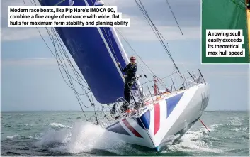  ?? ?? Modern race boats, like Pip Hare’s IMOCA 60, combine a fine angle of entrance with wide, flat hulls for maximum form stability and planing ability
A rowing scull easily exceeds its theoretica­l max hull speed