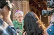  ?? MICHAEL M. SANTIAGO — PITTSBURGH POST-GAZETTE VIA AP, FILE ?? Bishop David Zubik, current Bishop of the Catholic Diocese of Pittsburgh, takes questions from reporters Saturday after vocation Mass at Saints John and Paul Parish in Franklin Park, Pa. Zubik, the bishop of Pittsburgh’s Roman Catholic diocese, is pushing back against a call for his resignatio­n and says the diocese has “followed every single step” needed for responsibl­e action after allegation­s of child sexual abuse.