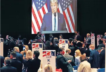  ?? [TRAVIS DOVE/THE NEW YORK TIMES] ?? President Donald Trump speaks during the first day of the Republican National Convention in Charlotte, N.C., on Monday.