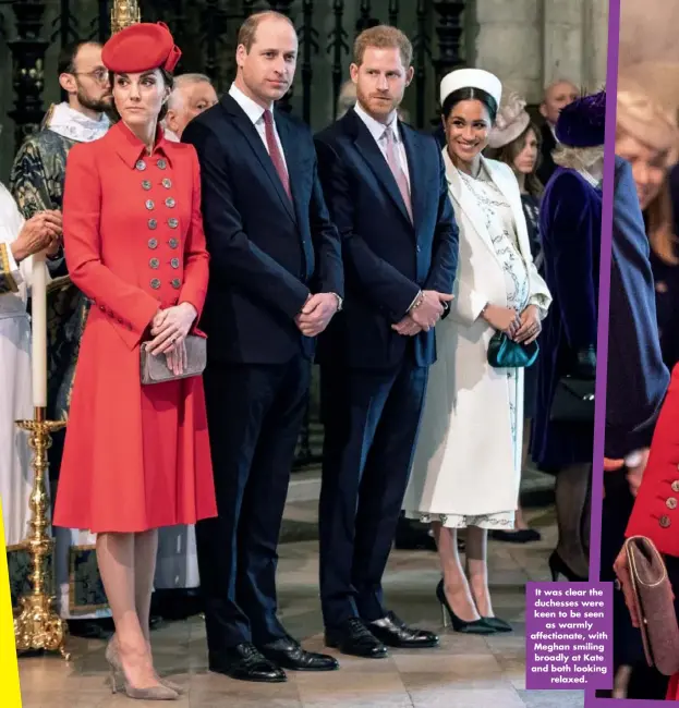  ??  ?? It was clear the duchesses were keen to be seen as warmly affectiona­te, with Meghan smiling broadly at Kate and both looking relaxed.