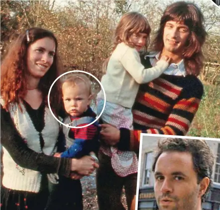  ?? ?? Hippie parents: James Lascelles, his wife Fredericka and children Rowan and Sophie in 1978. Right: Rowan, aged 38