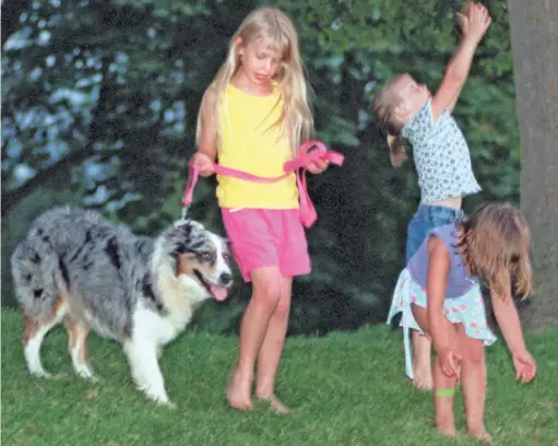  ?? SUN-TIMES ?? Above: Catching fireflies are Taylor Barnes with dog Ellie Blue, Tess Barnes (reaching up for a firefly) and Madelyn Cavallaro. Right: File photo of a firefly in hand.