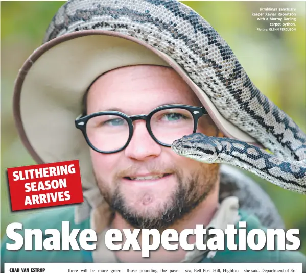  ?? Picture: GLENN FERGUSON ?? Jirrahling­a sanctuary keeper Xavier Robertson with a Murray Darling carpet python.