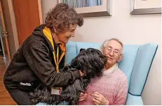  ?? ?? Megan Roberts from Therapy Dogs Nationwide brings in her three Skye Terrier dogs Maiya, Mags and Inca to the delight of residents Patricia Randall, above, and Derek Randall, below. Pictures: Rick Matthews