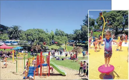  ??  ?? Pleasure zone: The marine gardens is a beautiful spot, offering slippery fun and plenty of room for picnics. Coolness: The marine gardens’ many sprinklers and fountains will keep the kids happily chilled out.