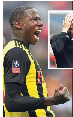  ?? — AFP / Reuters ?? A hit with the Hornets: Watford’s French midfielder Abdoulaye Doucoure has what it takes to spoil Manchester City’s party and Pep Guardiola (inset) should be concerned.