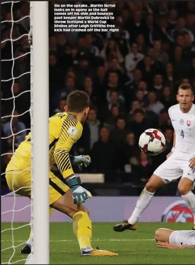  ??  ?? Slo on the uptake...Martin Skrtel looks on in agony as the ball comes off his shin and bounces past keeper Martin Dubravka to throw Scotland a World Cup lifeline after Leigh Griffiths free kick had crashed off the bar, right