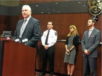  ?? SUBMITTED PHOTO ?? Radnor Township Manager Robert Zienkowski talks to the press about the charges against board of commission­ers President Phil Ahr. In the rear are Police Superinten­ded William Colarulo, acting board President Elaine Schaefer and Commission­er Luke Clark.