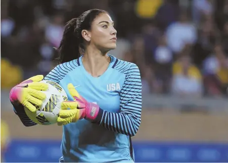  ?? AP PHOTO ?? NET LOSS: Hope Solo was suspended for six months by U.S. Soccer yesterday following her comments critical of Sweden following Team USA’s loss in the Rio Olympics.