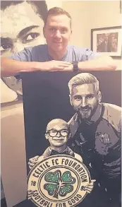  ??  ?? No Messi-ng Sean with his portrait of Jay’s meeting with the Barca superstar