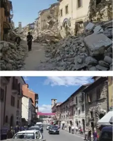  ?? EMILIO FRAILE, MARCO BRECCIAROL­A/THE ASSOCIATED PRESS ?? The top image shows the aftermath of the 6.2-magnitude quake that hit several Italian towns early Wednesday morning. The clock tower in the village of Amatrice, seen earlier, below, somehow survived the earthquake.