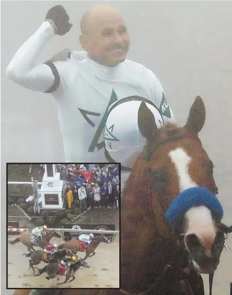  ?? AP PHOTOS ?? CROWN STILL ALIVE: Justify with Mike Smith atop celebrates after winning the 143rd Preakness at Pimlico yesterday in Baltimore. Bravazo (8) with Luis Saez aboard was second, with Tenfold (6) and Ricardo Santana Jr. third.