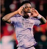  ?? GETTY ?? Fuori la lingua
La gioia di Vinicius, 23 anni, attaccante brasiliano del Real Madrid. A Valencia ha segnato due gol, finora in Liga è a quota 7