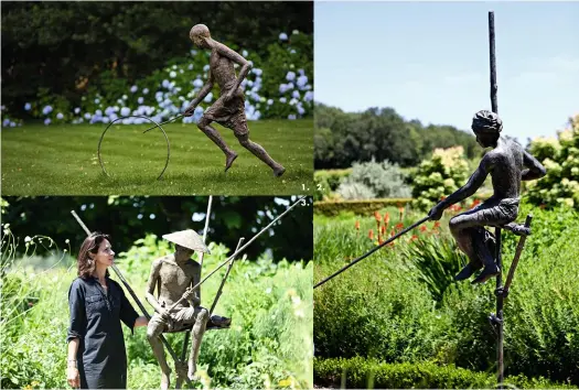  ??  ?? 1. 2. 3. 1. Pousseur de lune, bronze de la série « Terre », exprime toute la poésie des personnage­s en mouvement créés par Marine de Soos. 2. Grand Pêcheur sur échasse, bronze haut de plus de 2 m, l’une des quatre oeuvres exposées cet été dans les jardins de Villandry. 3. La sculptrice Marine de Soos veille à l’installati­on dans le « Jardin du Soleil » de son Grand Badjo, un bronze de 2,53 m de haut évoquant la grâce de ces nomades de la mer qui peuplent l’Indonésie.