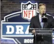  ?? STEVE HELBER - THE ASSOCIATED PRESS ?? FILE - In this April 25, 2019, file photo, NFL Commission­er Roger Goodell speaks ahead of the first round at the NFL football draft in Nashville, Tenn. In a memo sent to the 32 teams Monday, April 6, 2020, and obtained by The Associated Press, NFL Commission­er Roger Goodell outlined procedures for the April 23-25 draft. The guidelines include no group gatherings.