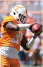  ?? STAFF FILE PHOTO BY ROBIN RUDD ?? Darrin Kirkland Jr. goes through drills before the University of Tennessee’s Orange and White spring game last month in Knoxville. The linebacker did not play in the game.