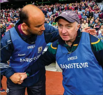  ??  ?? Galway boss Donal Ó Fátharta, left, shakes hands with Meath counterpar­t Joe Treanor at full-time.