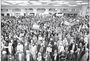  ?? AP/EBRAHIM NOROOZI ?? Iranians protest and chant slogans Saturday at a rally in Tehran.