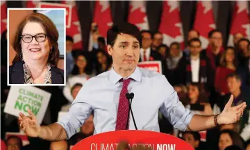  ??  ?? Trudeau speaks at a Liberal Climate Action Rally in Toronto, Ontario, Canada. Also seen is Jane Philpott (photo inset). — AFP