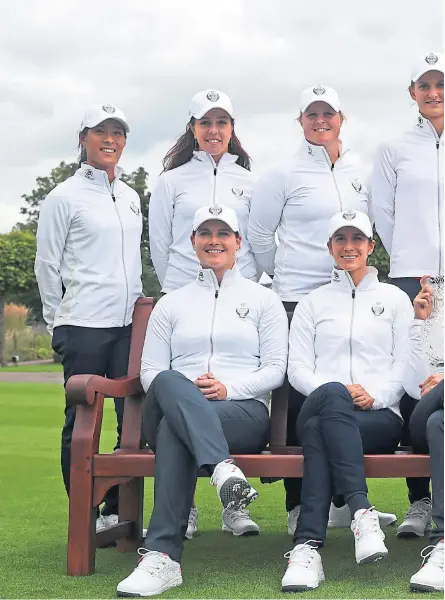  ?? Pictures: Getty Images. ?? Captain Catriona Matthew with her team for Gleneagles. Back row from left: Celine Boutier, Georgia Hall, Caroline Hedwall, Anne Van Dam, Anna Nordqvist, Suzann Pettersen, Bronte Law; front row: Caroline Masson, Azahara Munoz, Catriona Matthew, Carlota Ciganda and Charley Hull. Right: Matthew with the Solheim Cup.