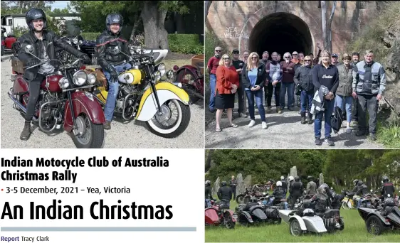  ?? ?? TOP LEFT Mick & Josh Dunne prepare to set off from Yea. TOP RIGHT Group photo at the Cheviot Rail Tunnel. ABOVE Saturday stop at the mini Stonehenge. BOTTOM LEFT Santa gets a push start from Jim Micah. BOTTOM RIGHT Indians take over the town.