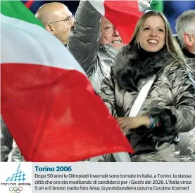  ??  ?? Torino 2006
Dopo 50 anni le Olimpiadi invernali sono tornate in Italia, a Torino, la stessa città che ora sta meditando di candidarsi per i Giochi del 2026. L’italia vince 5 ori e 6 bronzi (nella foto Ansa, la portabandi­era azzurra Carolina Kostner)