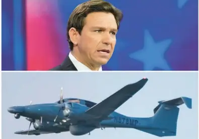  ?? REBECCA BLACKWELL/AP, JOE CAVARETTA/SOUTH FLORIDA SUN SENTINEL ?? Gov. Ron DeSantis signed laws to restrict the influence of China in Florida. But his administra­tion is spending millions to lease an aircraft made by a Chinese-owned company to hunt down illegal immigrants in Florida.