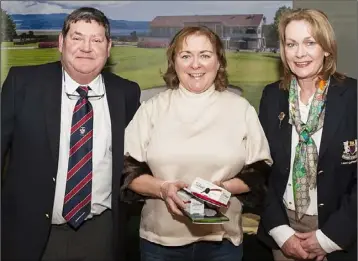  ??  ?? Front 9 runners-up Majella Cassidy with Captain Gerry Byrne and Lady Captain Pat Cleary.