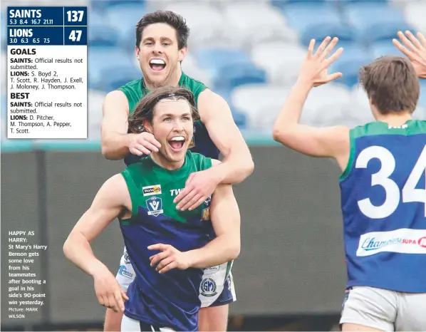  ?? Picture: MARK WILSON ?? HAPPY AS HARRY: St Mary’s Harry Benson gets some love from his teammates after booting a goal in his side’s 90-point win yesterday.