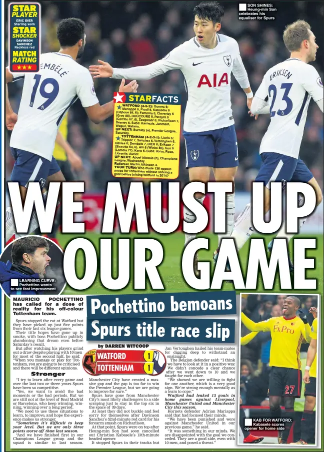  ??  ?? LEARNING CURVE: Pochettino wants to see fast improvemen­t SON SHINES: Heung-min Son celebrates his equaliser for Spurs KAB FOR WATFORD: Kabasele scores opener for home side
