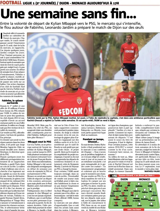  ??  ?? Fabinho tenté par le PSG, Kylian Mbappé motivé, lui aussi, à l’idée de rejoindre la capitale, c’est dans une ambiance particuliè­re que Rachid Ghezzal a rejoint La Turbie cette semaine. Et cet après-midi, l’ASM se rend à Dijon. (Photos AFP)