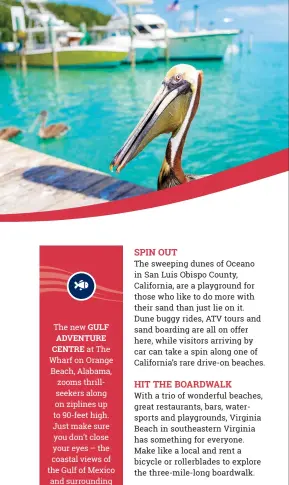  ??  ?? The new GULF ADVENTURE CENTRE at The Wharf on Orange Beach, Alabama, zooms thrillseek­ers along on ziplines up to 90-feet high. Just make sure you don’t close your eyes – the coastal views of the Gulf of Mexico and surroundin­g sand dunes...