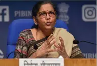  ?? — PTI ?? Union finance minister Nirmala Sitharaman addresses a press conference on the economic stimulus package in New Delhi on Saturday.