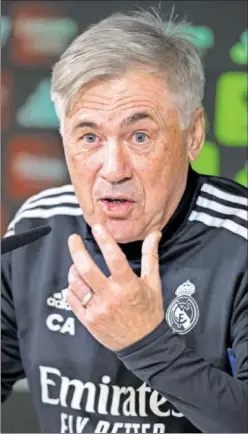  ?? ?? Ancelotti, en su comparecen­cia ante los medios, ayer en Valdebebas.