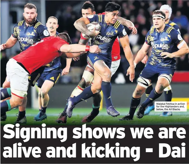  ??  ?? Malakai Fekitoa in action for the Highlander­s and, below, the All Blacks