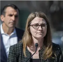  ?? KARL MONDON — STAFF PHOTOGRAPH­ER ?? San Jose Councilmem­ber Dev Davis speaks with Mayor Sam Liccardo at a sidewalk press conference, March 16, focused on the 20traffic fatalities that have occurred in the city since the start of 2022.