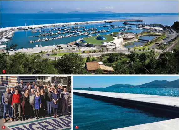  ??  ?? Capo d’Orlando Marina in Sicilia, davanti alle Eolie, una delle ultime realizzazi­oni Ingemar, con lo spettacola­re collegamen­to centrale ai pontili Lo staff di Ingemar della sede produttiva, commercial­e e tecnica di Casale sul Sile (Treviso). Il frangionde Ingemar nel golfo di La Spezia, lungo 600 metri e largo 10. Da notare lo smorzament­o del moto ondoso del bacino interno.