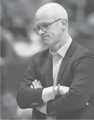  ?? JESSICA HILL/AP ?? Uconn coach Dan Hurley reacts in the second half of Saturday’s loss to Providence in Hartford.