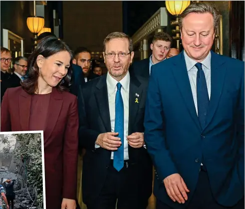  ?? ?? Talks: Lord Cameron with German counterpar­t Annalena Baerbock and Israeli president Isaac Herzog today. Left, Gaza