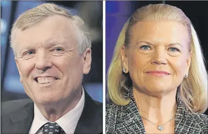  ?? AP FILE PHOTOS ?? This photo combo of file images shows Charter Communicat­ions CEO Thomas Rutledge, left, and IBM CEO Virginia Rometty. Rutledge was the highest paid CEO in 2016, and Rometty was the highest paid female CEO, according to a study carried out by executive...