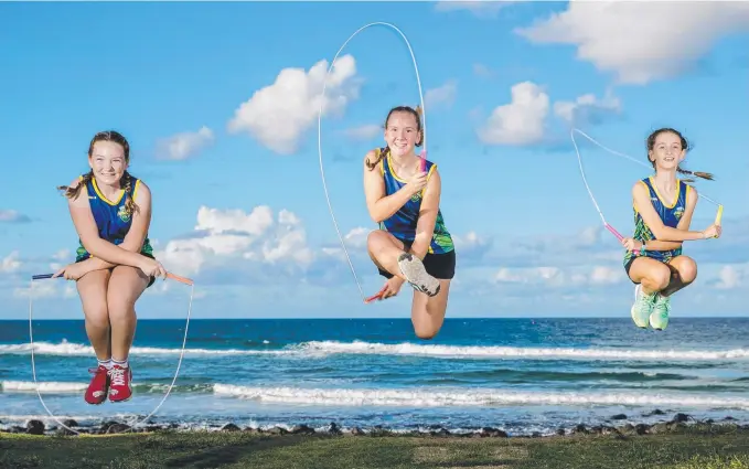  ?? Picture: JERAD WILLIAMS ?? Gold Coasters Ella Stawicki, 13, Laura Downey, 14, and Iyla King, 11, are among the Australian­s who will compete in the World Rope Skipping Championsh­ips in Shanghai.