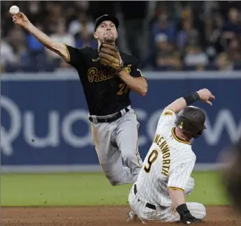  ?? Associated Press ?? Second baseman Adam Frazier forces San Diego’s Jake Cronenwort­h to begin a double play in the sixth inning Wednesday night in San Diego.