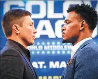  ?? BEBETO MATTHEWS / AP ?? Middleweig­ht champion Gennady Golovkin (left) poses with challenger Danny Jacobs at Tuesday’s media conference at Madison Square Garden in New York. The two will square off for Golovkin’s four world titles on March 18.