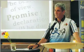  ?? NEWS PHOTO COLLIN GALLANT ?? Joe Roberts speaks to local participan­ts and administra­tors in Medicine Hat's initiative to end homelessne­ss during Friday's annual update at the Esplanade lobby. The Ontario native says over 12 years he went from a life on the streets to owning a...