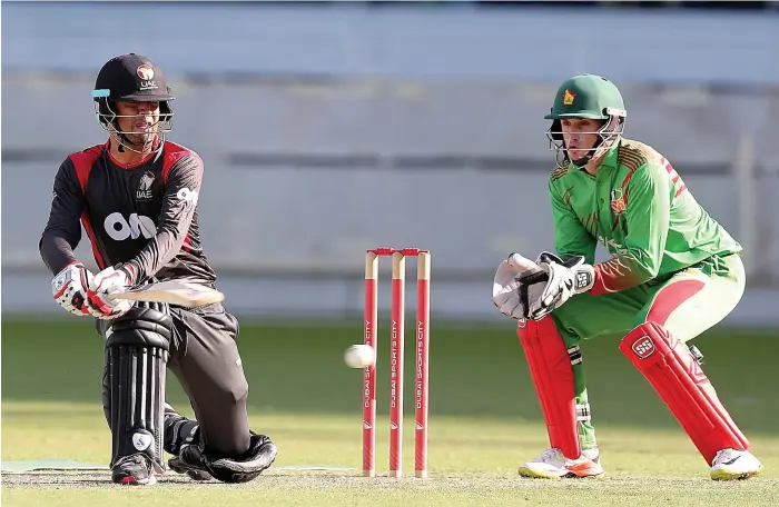  ?? Pawan Singh / The National ?? Rohan Mustafa’s knock of 46 against the new ball set the tone in UAE’s domination of Zimbabwe A in the third match at the Dubai Internatio­nal Cricket Stadium