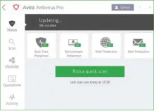  ??  ?? Comme d’autres logiciels de protection, Avira Antivirus 2019 propose un tableau de bord pour avoir toutes les informatio­ns nécessaire­s dès l’ouverture du programme.