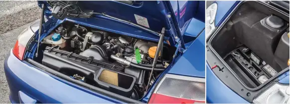  ??  ?? Let’s face it, the engine bay of any modern Porsche looks underwhelm­ing – plastic and pipework everywhere. But don’t let looks deceive you: the GT3 engine puts out 380bhp. And there’s a useful amount of luggage space up front