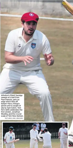  ?? PICTURES: ERIC GREGORY. ?? Alfreton’s Elliott Savidge sweeps at a ball from Paul Dawson, gets an edge which flew off keeper Harry Allsop’s gloves and is caught at slip by Sam Eaton. Tom Fern (left) celebrates the first wicket, Jonathan Woolley, and the crucial scalp of Tom New...