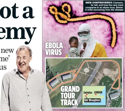  ??  ?? EBOLA VIRUS GRAND TOUR TRACK NEW CONTROVERS­Y: Clarkson, far left, and how the race track compares to an ebola virus. Below: A child recovering from the disease